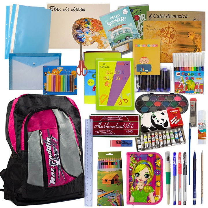 Ghiozdan economic echipat pentru clasele 3-4 - fete, 31 produse, 43 x 31 x 13 cm