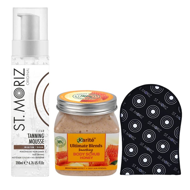 ST MORIZ professzionális önbarnító szett, közepesen sötét, habbal, mézes bőrradírral és kesztyűvel