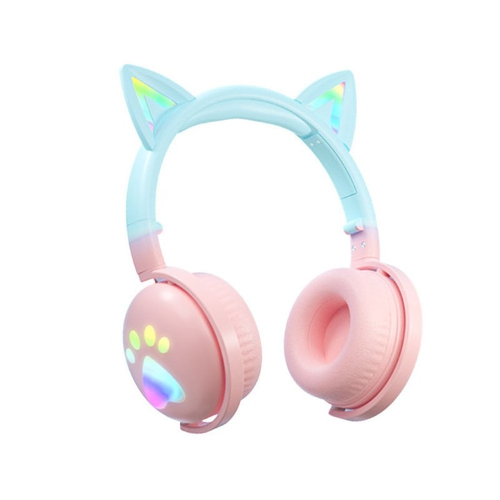 OEM Fülre szerelt fejhallgató, macskafüllel, LED, RGB, vezeték nélküli, Bluetooth 5.3, állítható és összecsukható, rózsaszín