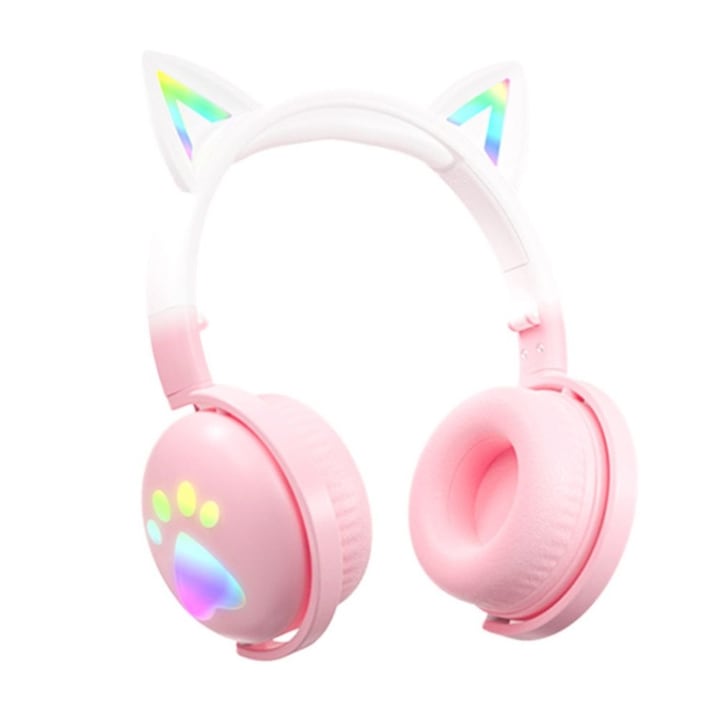OEM Over Ear Fejhallgató, Cat Ear LED Light modell, RGB, vezeték nélküli, Bluetooth 5.3, kényelmes, modern, állítható és összecsukható, fehér+rózsaszín