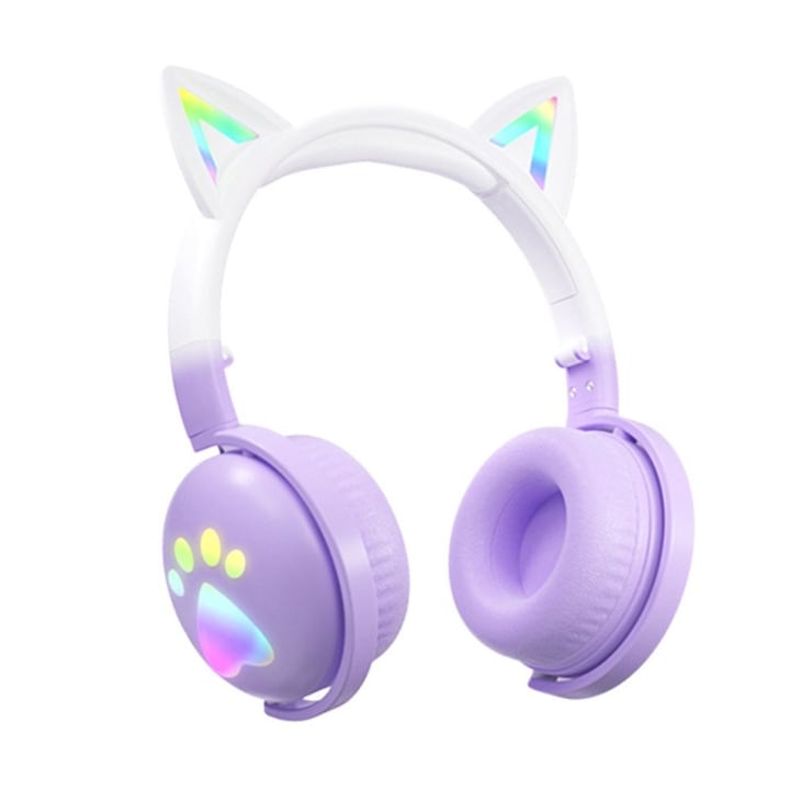 OEM Over Ear Fejhallgató, macskafüles modell, LED világítással, RGB, vezeték nélküli, Bluetooth 5.3, kényelmes, modern, állítható és összecsukható, fehér+lila