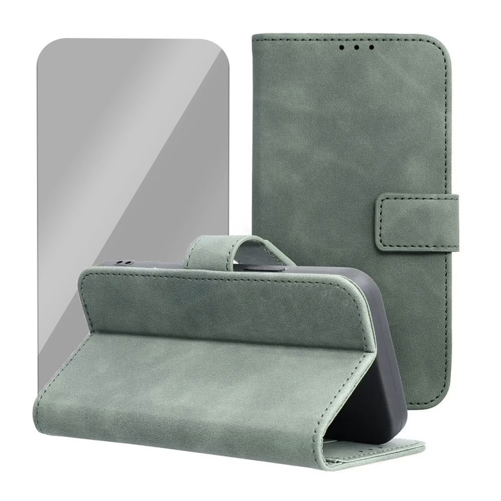Веганска кожа и 2.5D Secure Glass Foil Book Flip Cover Set за Xiaomi POCO M4 PRO 5G / Redmi Note 11T 5G / Redmi Note 11S 5G, магнитно затваряне с лента, уникален дизайн, джоб за карта, екологична кожа, пълна защита, зелен