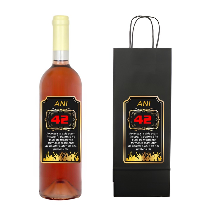 Set personalizat sticla de vin rose, demisec, 750 ml si punga de cadouri cu imprimeu Povestea ta abia acum incepe 41 ani