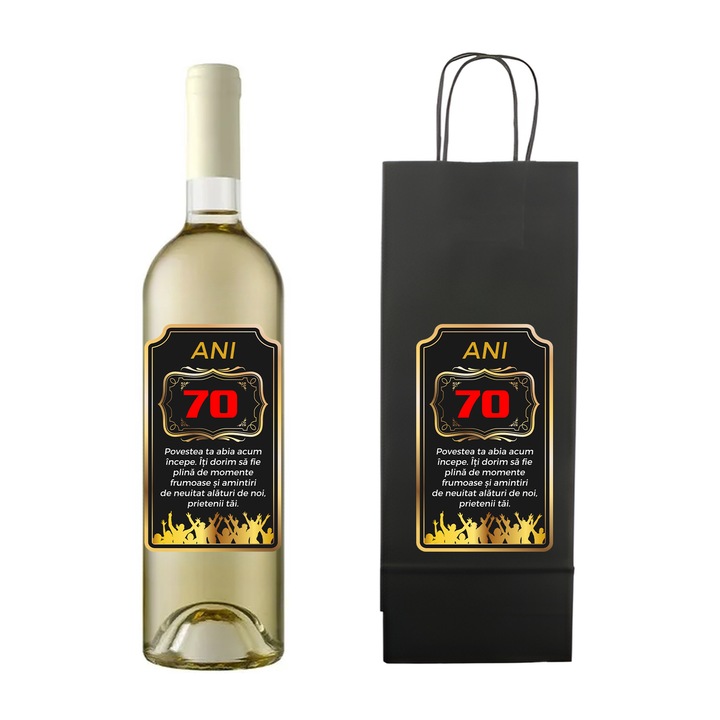 Set personalizat sticla de vin alb, demisec, Sauvignon Blanc, 750 ml si punga de cadouri cu imprimeu Povestea ta abia acum incepe 70 ani