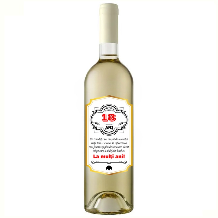 Set personalizat sticla de vin alb, demisec, Sauvignon Blanc, 750 ml, breloc succes si punga de cadouri cu imprimeu La multi ani! Mesaj 18 ani
