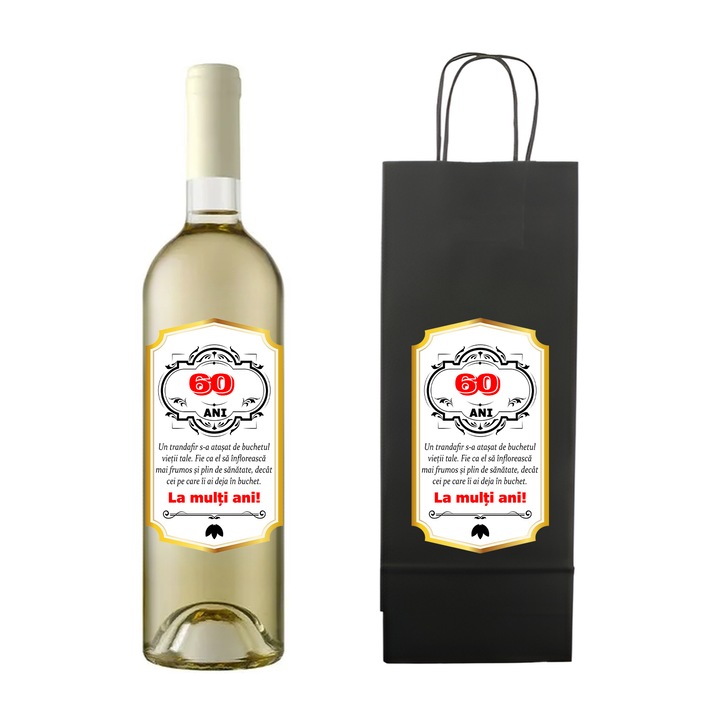 Set personalizat sticla de vin alb, demisec, Sauvignon Blanc, 750 ml si punga de cadouri cu imprimeu La multi ani! Mesaj 60 ani