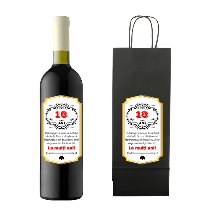 Set personalizat sticla de vin rosu, demisec, Feteasca Neagra, 750 ml si punga de cadouri cu imprimeu La multi ani! Mesaj 18 ani