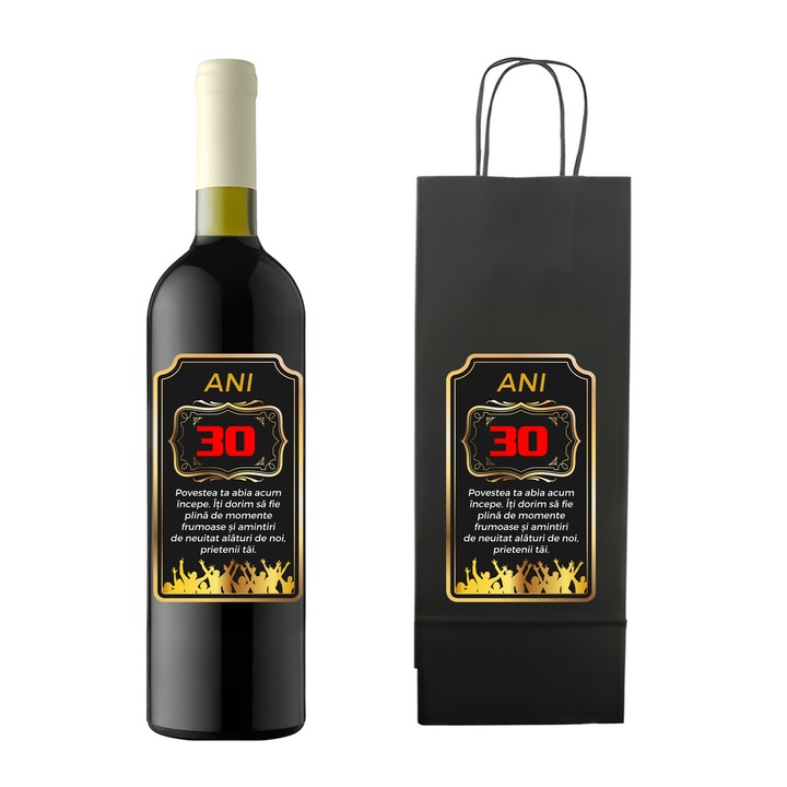 Set personalizat sticla de vin rosu, demisec, Feteasca Neagra, 750 ml si punga de cadouri cu imprimeu Povestea ta abia acum incepe 30 ani