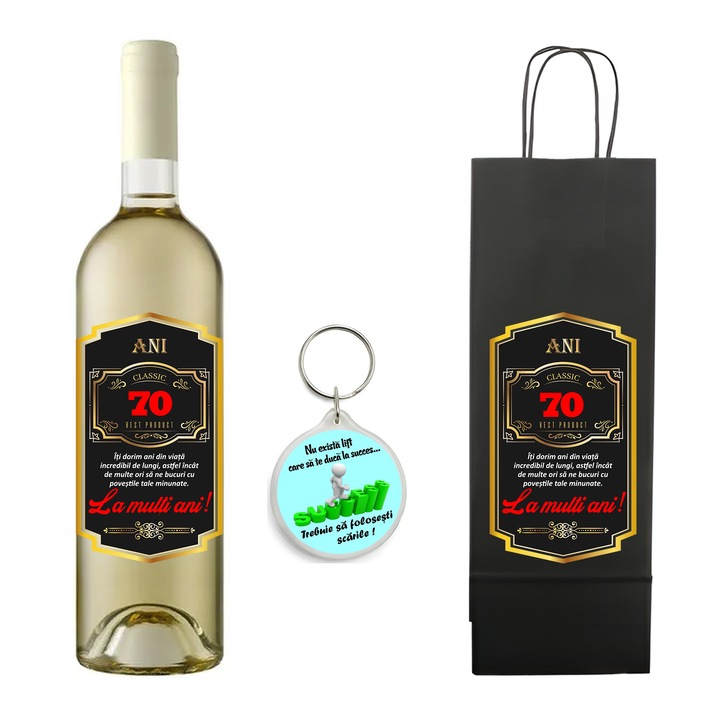 Set personalizat sticla de vin alb, demisec, Sauvignon Blanc, 750 ml, breloc succes si punga de cadouri cu imprimeu La multi ani! Best product 70 ani