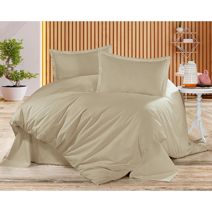 Lenjerie de pat, 4 piese, bumbac ranforce, Bej, cearceaf de pat 260x240 cm, cearceaf pilota 200x220 cm, fata de perna 2x 50x70 cm