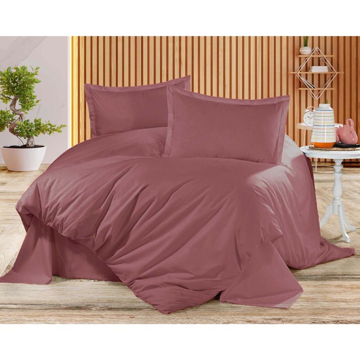 Lenjerie de pat, 4 piese, bumbac ranforce, Visiniu, cearceaf de pat 260x240 cm, cearceaf pilota 200x220 cm, fata de perna 2x 50x70 cm