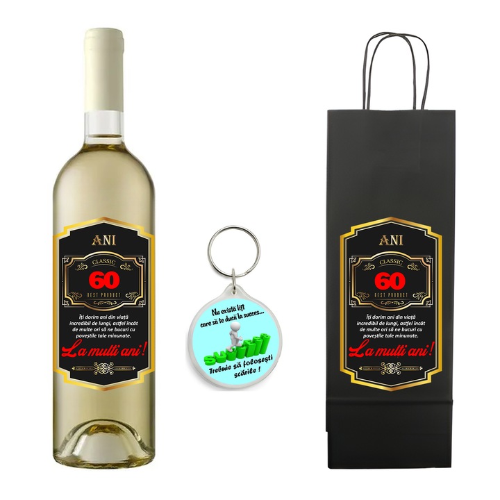 Set personalizat sticla de vin alb, demisec, Sauvignon Blanc, 750 ml, breloc succes si punga de cadouri cu imprimeu La multi ani! Best product 60 ani