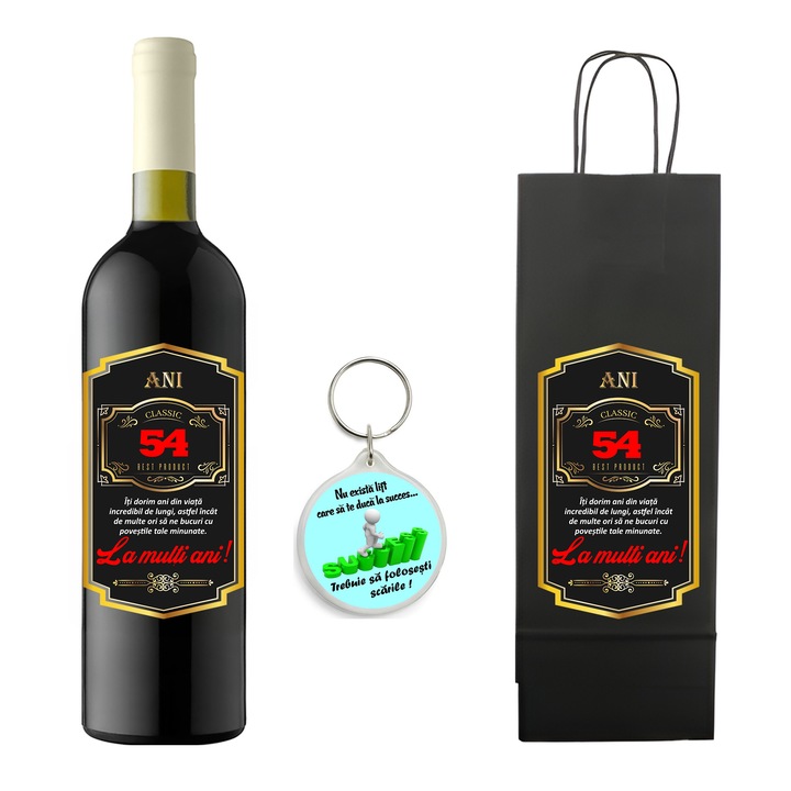 Set personalizat sticla de vin rosu, demisec, Feteasca Neagra, 750 ml, breloc succes si punga de cadouri cu imprimeu La multi ani! Best product 54 ani
