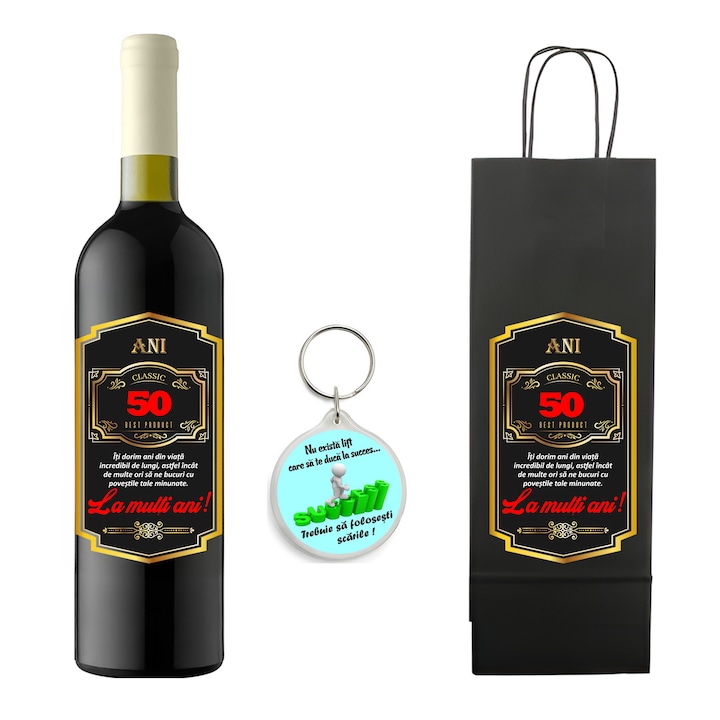 Set personalizat sticla de vin rosu, demisec, Feteasca Neagra, 750 ml, breloc succes si punga de cadouri cu imprimeu La multi ani! Best product 50 ani