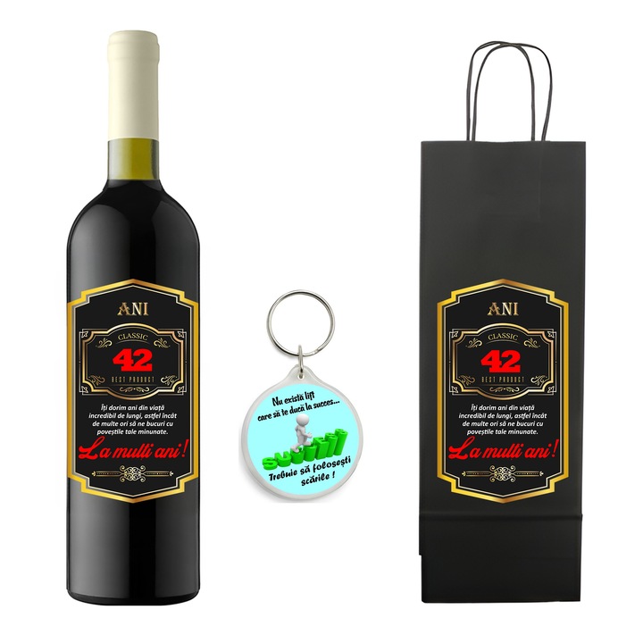 Set personalizat sticla de vin rosu, demisec, Feteasca Neagra, 750 ml, breloc succes si punga de cadouri cu imprimeu La multi ani! Best product 42 ani