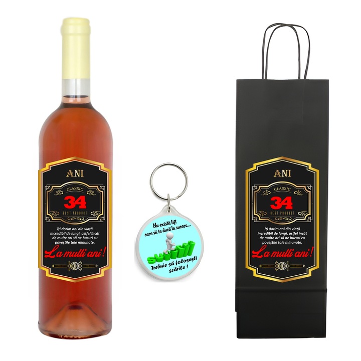 Set personalizat sticla de vin rose, demisec, 750 ml, breloc succes si punga de cadouri cu imprimeu La multi ani! Best product 34 ani