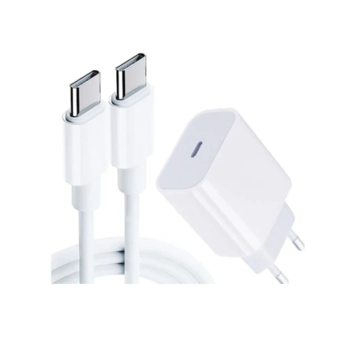 Set Incarcator cu Adaptor 20W si Cablu Type-C Compatibil cu Samsung Galaxy, Charger Travel Adapter, Super Fast Charging, Universal, 100 cm, Alb