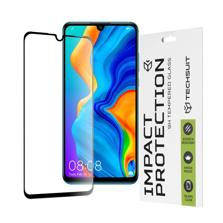 Techsuit képernyővédő fólia Huawei P30 lite New Edition / P30 lite készülékhez, edzett üveg, teljes ragasztó, 111D, fekete