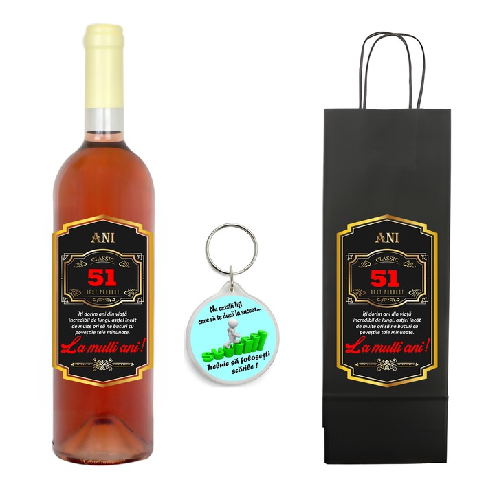 Set personalizat sticla de vin rose, demisec, 750 ml, breloc succes si punga de cadouri cu imprimeu La multi ani! Best product 51 ani
