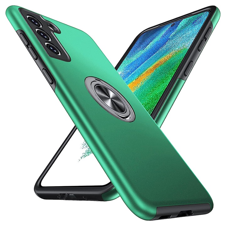 Husa pentru Samsung Galaxy S21 FE, inel rotativ 360° si Kickstand, Protectie Militara Antisoc, cu disipare termica, Verde