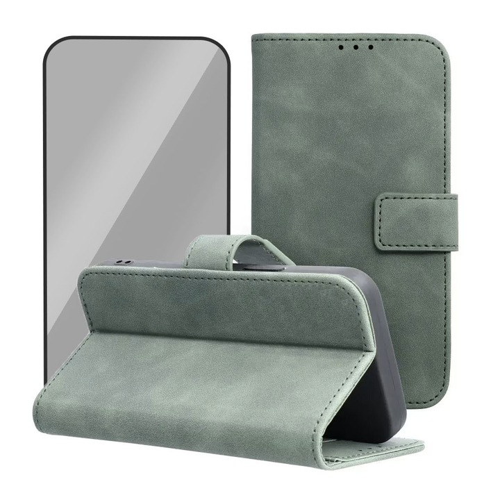 Комплект веган кожени капаци и 5D стъклено фолио, съвместими с Xiaomi Redmi Note 12 Pro Plus 5g, магнитно затваряне с лента, защитено стъкло, тип книга, уникален дизайн, държач за карти, екологична кожа, пълна защита, черни ръбове, зелен