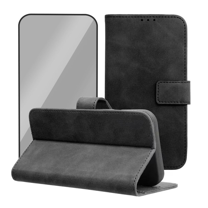 Комплект капаци от веганска кожа и 5D стъклено фолио, съвместими с Xiaomi Mi 11 Lite 5G / Mi 11 Lite 4g, магнитно затваряне с лента, защитено стъкло, тип книга, уникален дизайн, държач за карти, екологична кожа, пълна защита, черни ръбове, черно