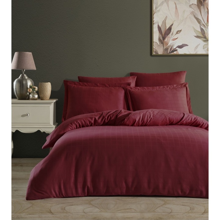 Lenjerie pat dublu Satin Bordo Studio Casa, 100% Bumbac Satinat, Cearceaf pilota 200 x 220 cm, Cearceaf pat 240 x 260 cm, 2 fete de perna 50 x 70 cm, 2 fete de perna 70 x 70 cm, Bordo