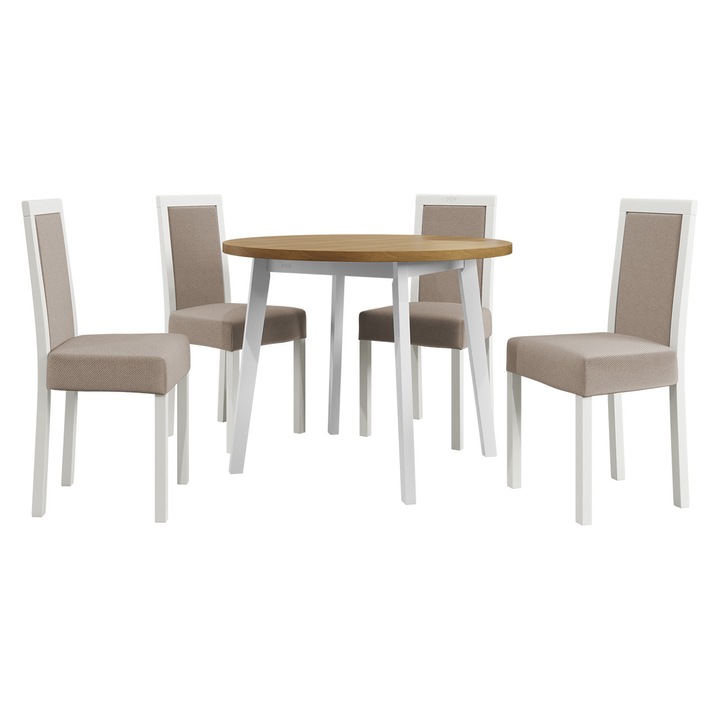 Set pentru AL001 Masa Harry 100 III, 4x Scaun tapitat Heven III, MIRJAN24, stejar grandson / alb / bej