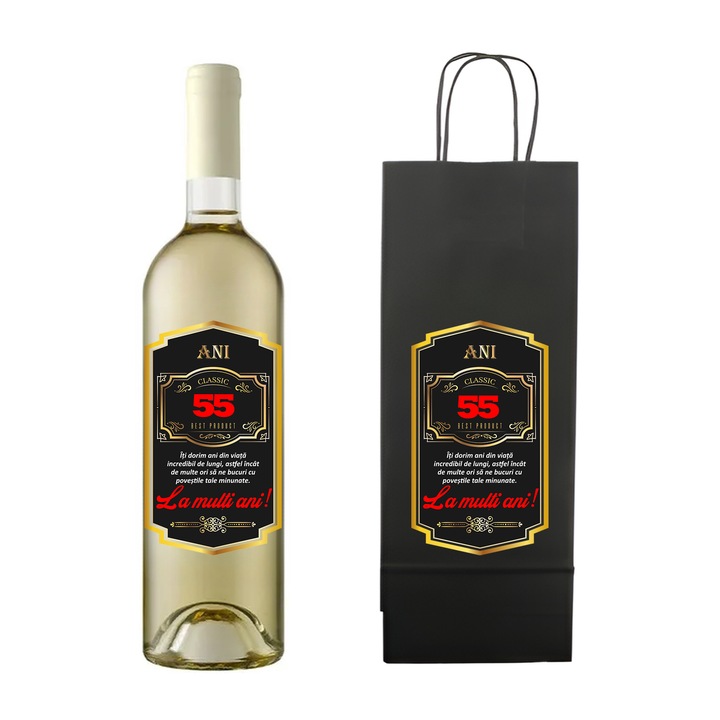Set personalizat sticla de vin alb, demisec, Sauvignon Blanc, 750 ml si punga de cadouri cu imprimeu La multi ani! Best product 55 ani