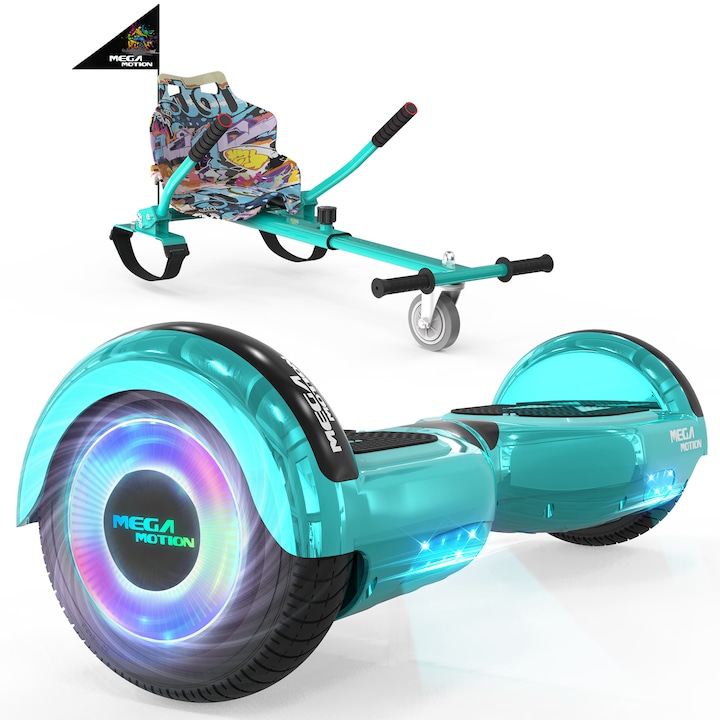 Hoverboard, Mega Motion, ABS/Policarbonat, Cu Go Kart, 6.5 inch, Difuzoare Bluetooth, Lumini LED, Verde