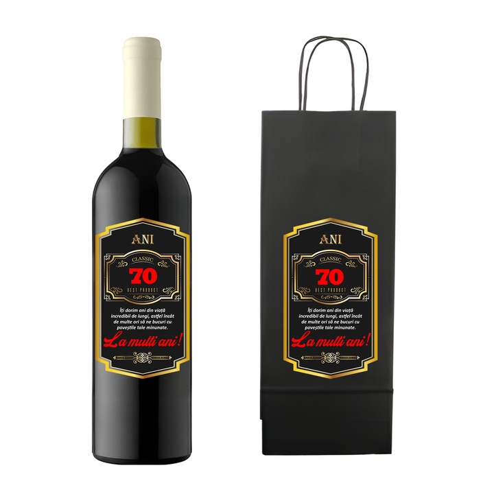 Set personalizat sticla de vin rosu, demisec, Feteasca Neagra, 750 ml si punga de cadouri cu imprimeu La multi ani! Best product 70 ani