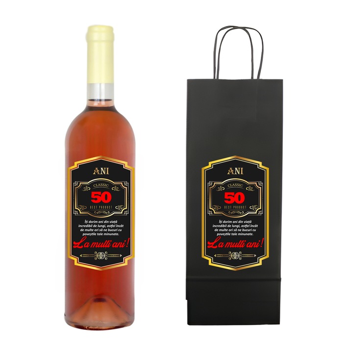 Set personalizat sticla de vin rose, demisec, 750 ml si punga de cadouri cu imprimeu La multi ani! Best product 50 ani