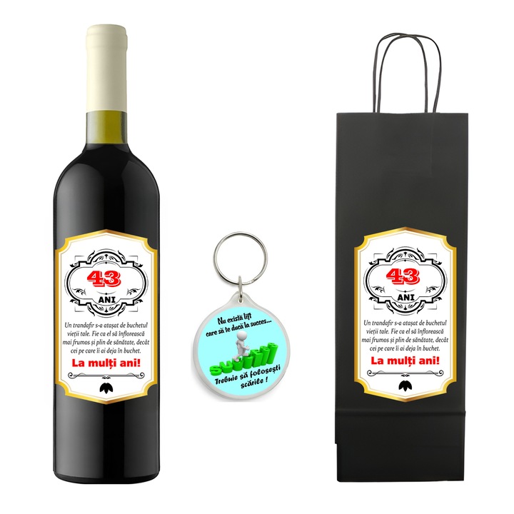 Set personalizat sticla de vin rosu, demisec, Feteasca Neagra, 750 ml, breloc succes si punga de cadouri cu imprimeu La multi ani! Mesaj 42 ani
