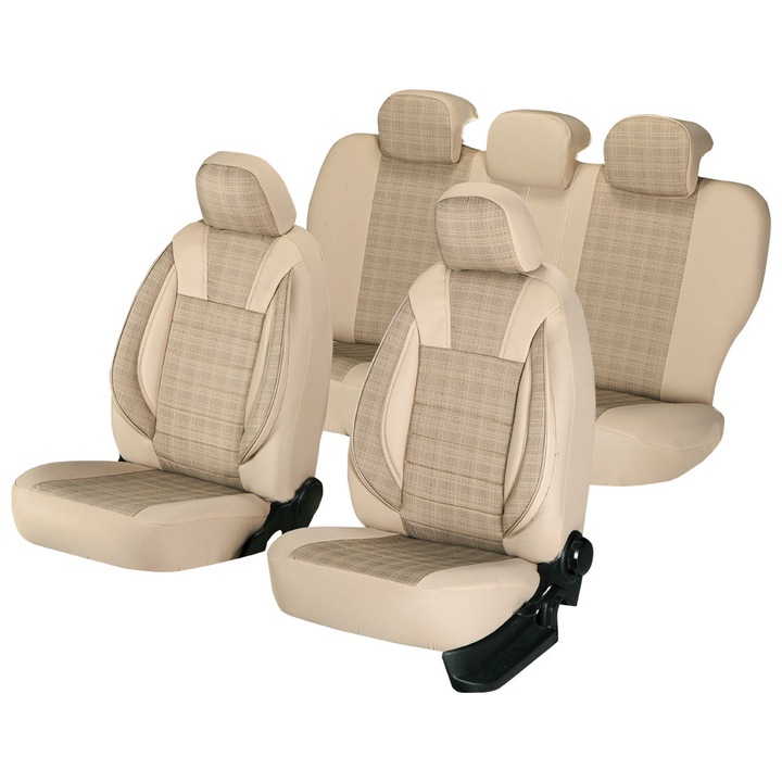 Huse scaune auto Smartic®, Luxury, 11 piese, universal, compatibile cu airbag, usor de curatat, cu fermoar, rabatabile, 3 straturi de material textil respirabil, cu buzunare, bej