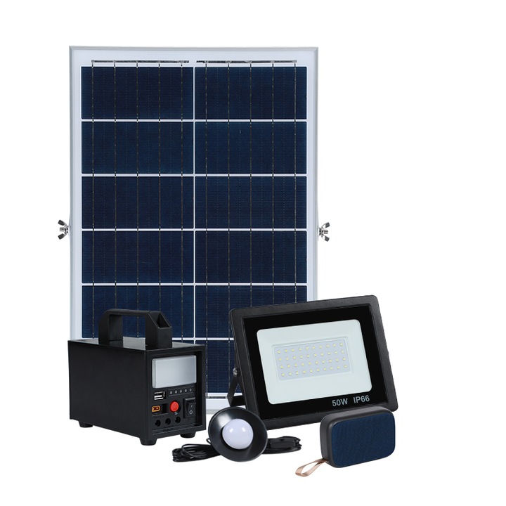 Kit sistem solar 40W cu Lanterna si iesire USB, Bec LED, Proiector, Boxa Bluetooth si Panou solar inclus