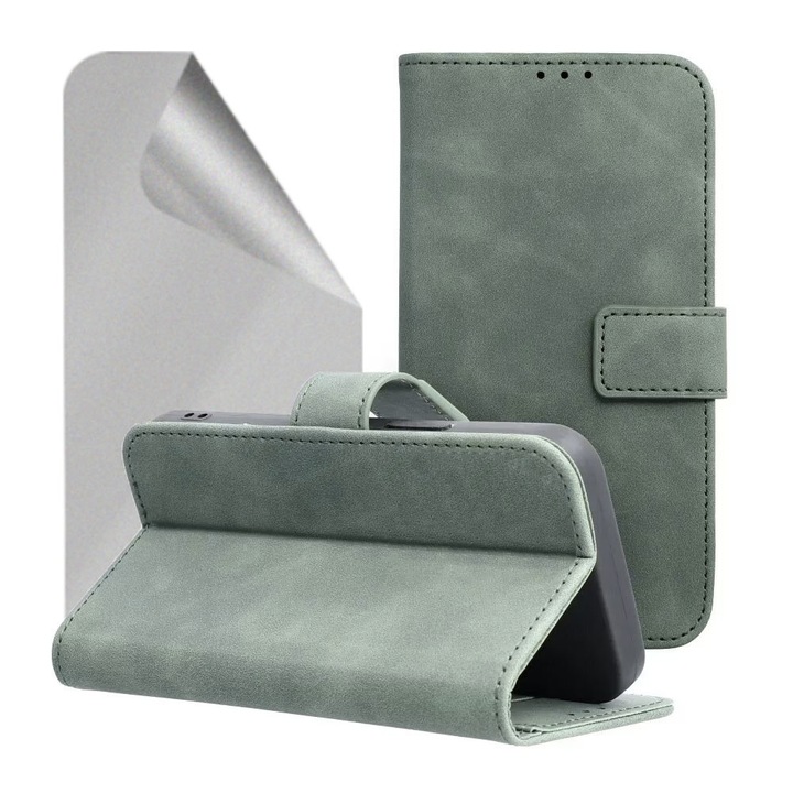 Set Husa Flip din Piele Vegana si Folie Silicon Matte compatibila cu Xiaomi Redmi Note 12 Pro 5g, Inchidere Magnetica cu Bareta, Hydrogel Regenerabil, Anti-Amprenta, Tip Carte, Design unic, Suport Card, Piele Ecologica, Protectie Completa, Verde