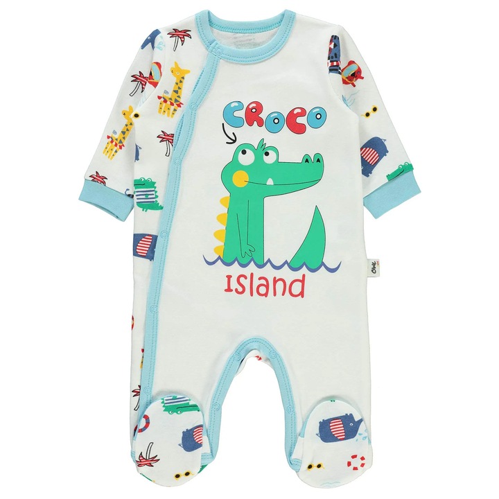 Salopeta cu maneca lunga si botosei ISLAND uni pentru bebelusi, ERAKIDS, imprimeu "Croco Island", 100% bumbac organic, Gri