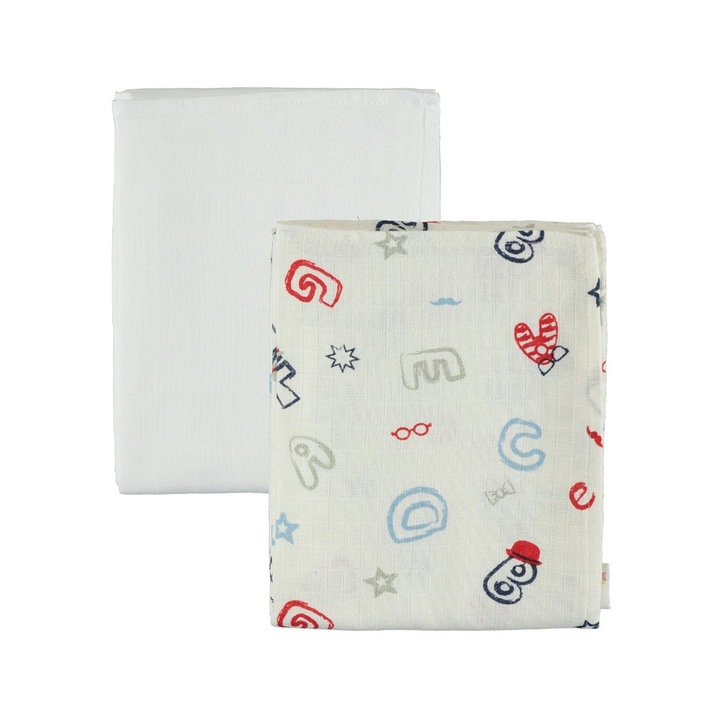 Set 2 paturici muselina ABC pentru bebelusi/nou-nascuti, ERAKIDS, imprimeu "Alfabet", 100% bumbac premium, 80x100 cm, Multicolor