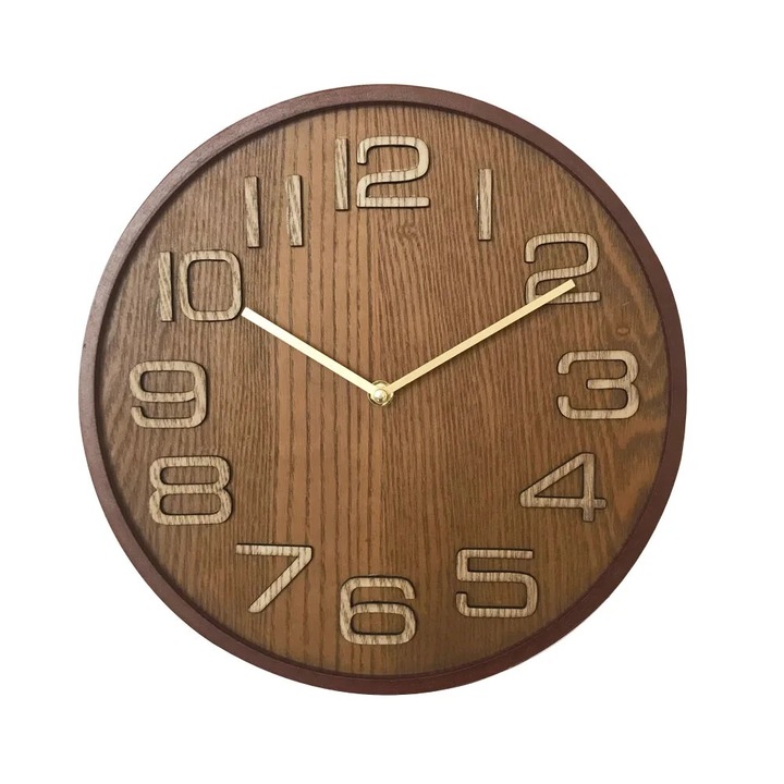 Ceas perete, analog, rotund, din lemn, diametru 31.5 cm