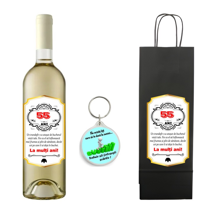 Set personalizat sticla de vin alb, demisec, Sauvignon Blanc, 750 ml, breloc succes si punga de cadouri cu imprimeu La multi ani! Mesaj 55 ani