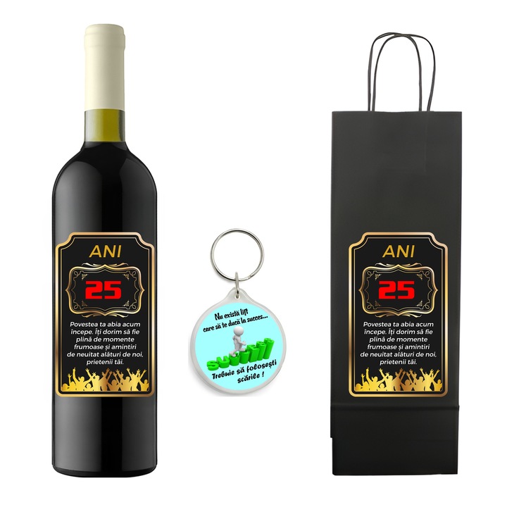 Set personalizat sticla de vin rosu, demisec, Feteasca Neagra, 750 ml, breloc succes si punga de cadouri cu imprimeu Povestea ta abia acum incepe 25 ani