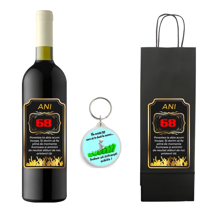 Set personalizat sticla de vin rosu, demisec, Feteasca Neagra, 750 ml, breloc succes si punga de cadouri cu imprimeu Povestea ta abia acum incepe 68 ani