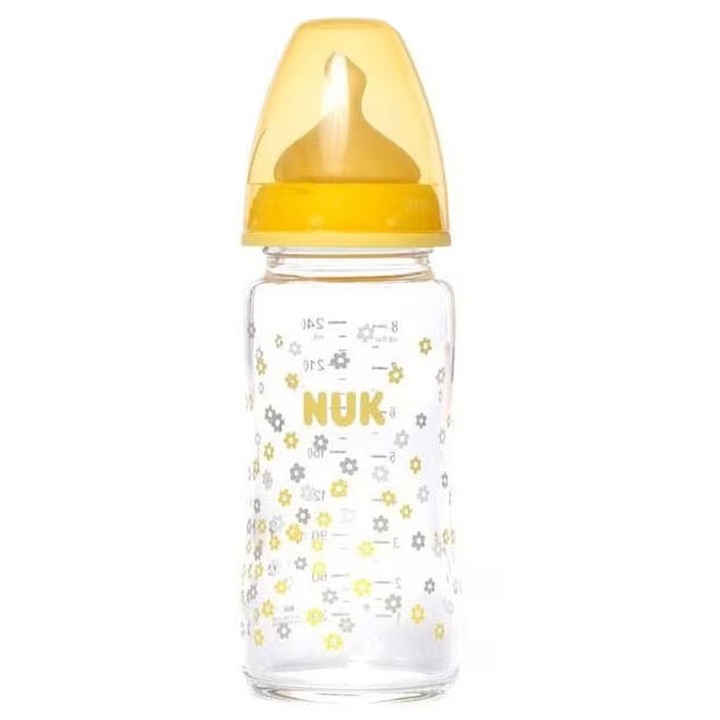 Стъклено шише с латексов биберон и силиконов биберон 240 ml Nuk First Choice+ B745097, Жълто 0-3 месеца