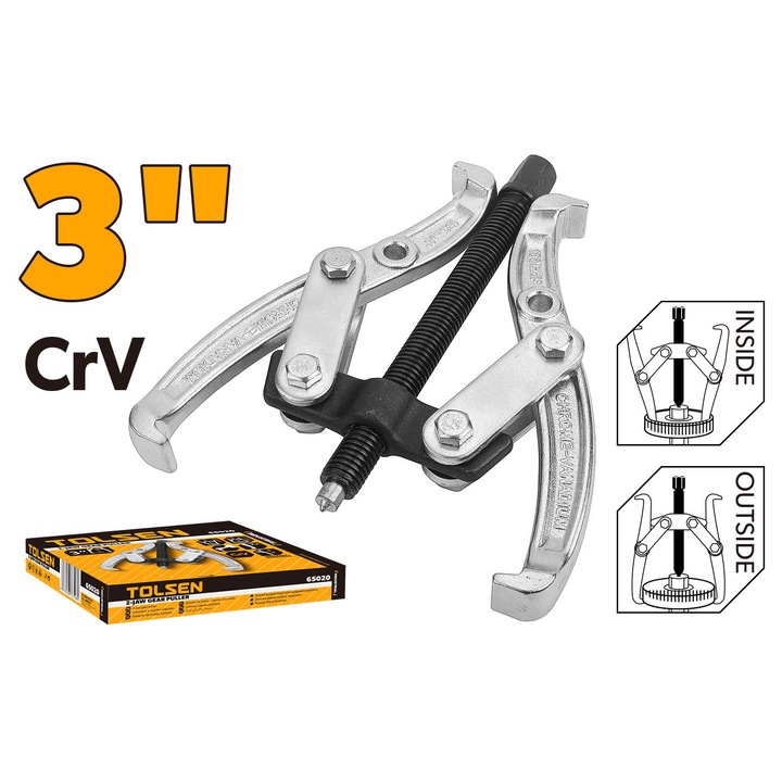 Extractor TOLSEN roti dintate cu 3 falci, 8", otel Cr-V forjat si calit, suprafata cromata, filet tratat finisaj negru, uz industrial, pentru rulmenti, fulii, roti dintate