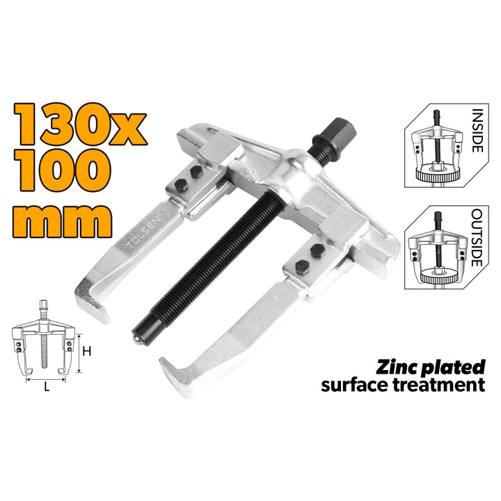 Extractor TOLSEN cu 2 brate reversibile, domeniu 130 mm, deschidere 80–170 mm, otel scule forjat, filet tratat, finisaj zincat, uz industrial