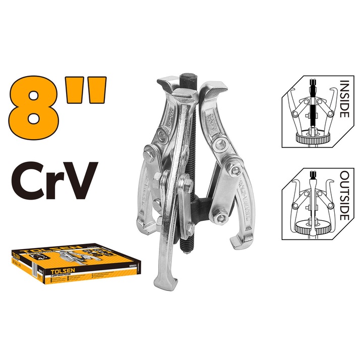 Extractor roti dintate TOLSEN Industrial cu 3 falci, 8", otel Cr-V forjat si calit, suprafata cromata, filet finisaj negru, pentru rulmenti, fulii, roti dintate, uz profesional