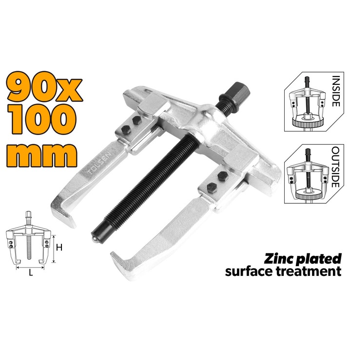 Extractor TOLSEN cu 2 brate reversibile, domeniu 90 mm, deschidere 70–130 mm, otel scule forjat, filet tratat, finisaj zincat, uz industrial
