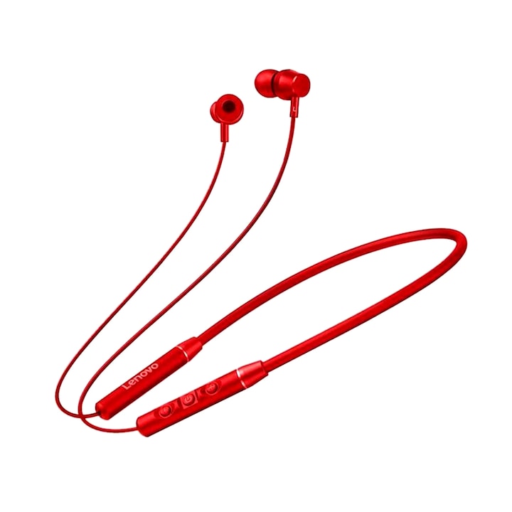 Безжични слушалки QE03, Lenovo, Metal/Silicon, Bluetooth, Magnetic neck band, IPX5, Red