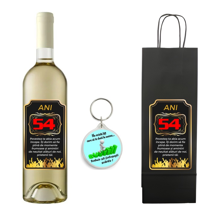 Set personalizat sticla de vin alb, demisec, Sauvignon Blanc, 750 ml, breloc succes si punga de cadouri cu imprimeu Povestea ta abia acum incepe 54 ani