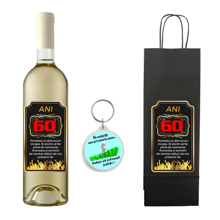 Set personalizat sticla de vin alb, demisec, Sauvignon Blanc, 750 ml, breloc succes si punga de cadouri cu imprimeu Povestea ta abia acum incepe 60 ani